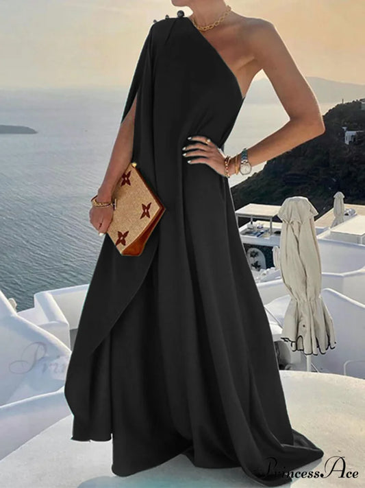 Solid Color Loose Charming One Shoulder Maxi Dress Black / S
