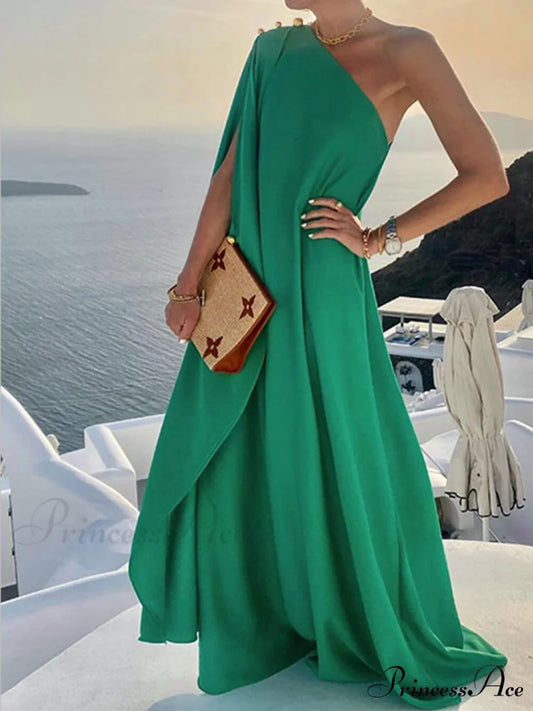 Solid Color Loose Charming One Shoulder Maxi Dress Green / S