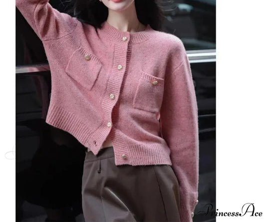 Solid Color Office Lady O-neck Cardigan Pink / S