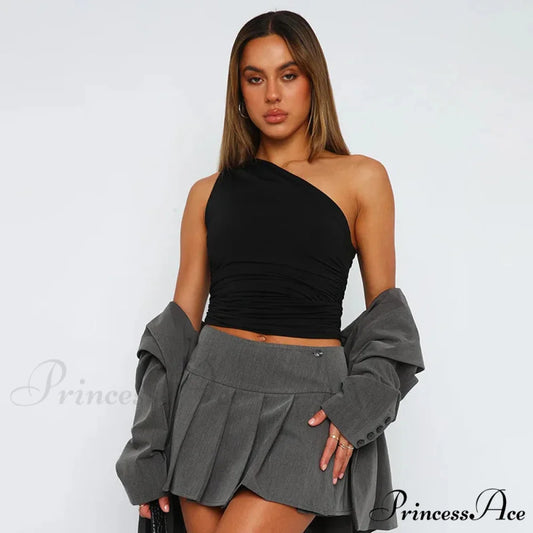 Solid Color One Shoulder Backless Candy Color Tight Sexy Sleeveless Neckless Slim Casual Tank top Black / S