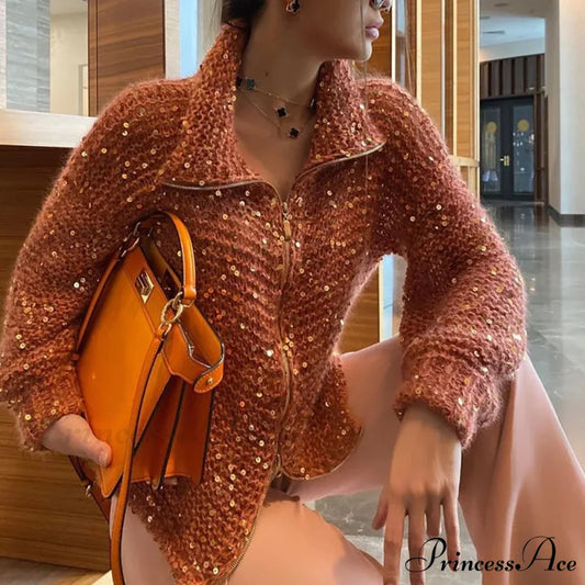 Solid Color Sequin Turtleneck Cardigan Orange / S