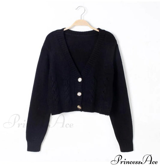 Solid Color Single-breasted Knit Cardigan Black / One Size