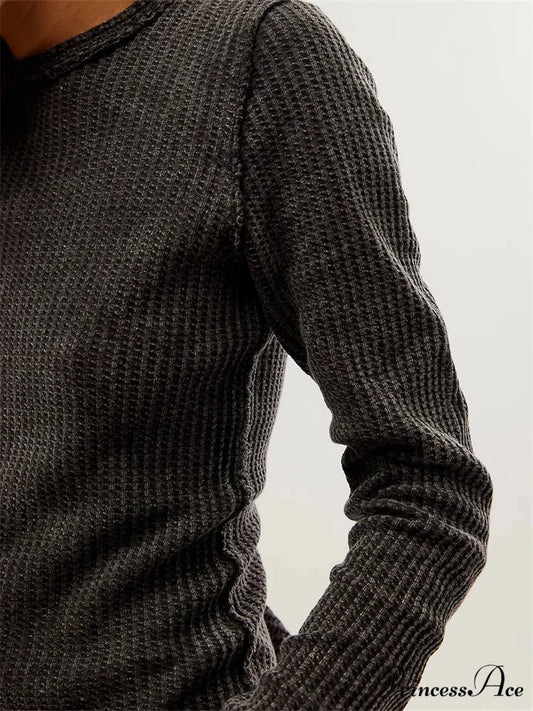 Solid Color Slim Fit Ruched Long Sleeve Basic T-Shirts GREY / S