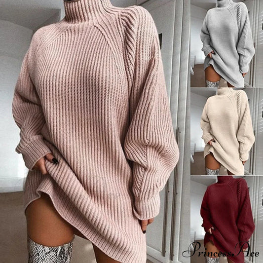 Solid Color Turtleneck Sweater Knitted Mini Dress pink / S