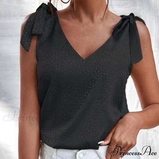 Solid Color V Neck Sleeveless Bow Tie Strap Lacing Blouse