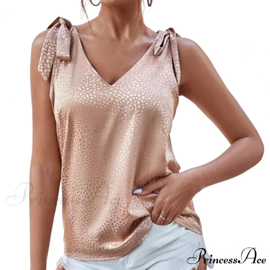 Solid Color V Neck Sleeveless Bow Tie Strap Lacing Blouse Khaki / S