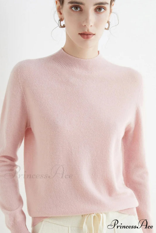 Solid Color Wool Sweater with Mock Neck Pink / S