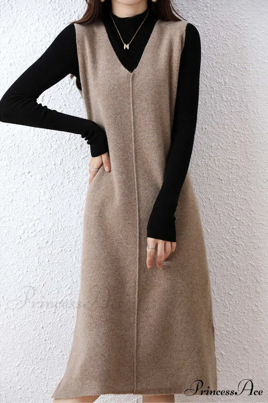 Solid Color Wool Tank Dress with V Neck Dark Camel / M