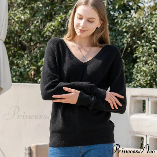 Solid Cozy V-neck Black Casual Long Sleeve Stylish Knitted Autumn Sweater