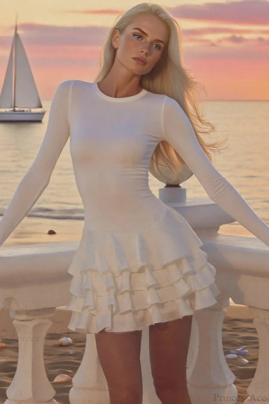 Solid Crew Neck Slim High Waist Puff Mini Dress