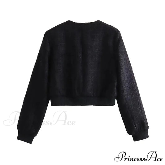 Solid Cropped Tweed Buttoned Round Neck Long Sleeve Short Autumn Stylish Chic Coat Black / XS