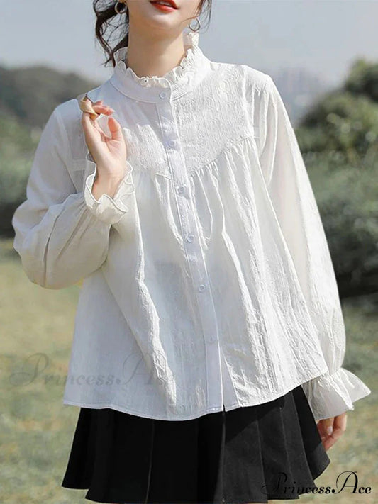 Solid Frilly High Neck Long Sleeve Blouse WHITE / S blouse-250126