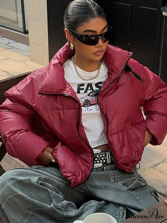 Solid Front Zipper Cotton Coat Red / S