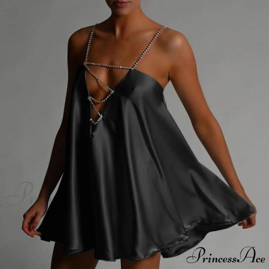 Solid Hollow V-neck A-line Mini Flared Dress black / S