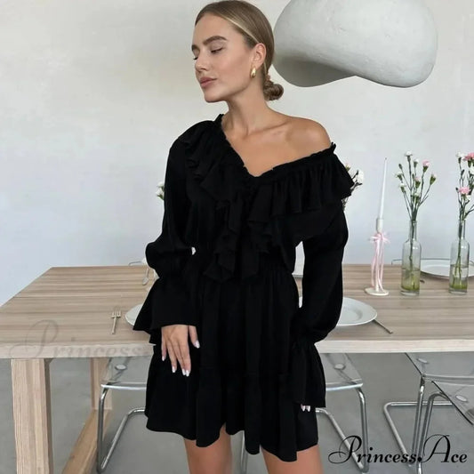 Solid Ivory Cotton Rayon Long Sleeve Frill Dress Black / S bohodress-250126