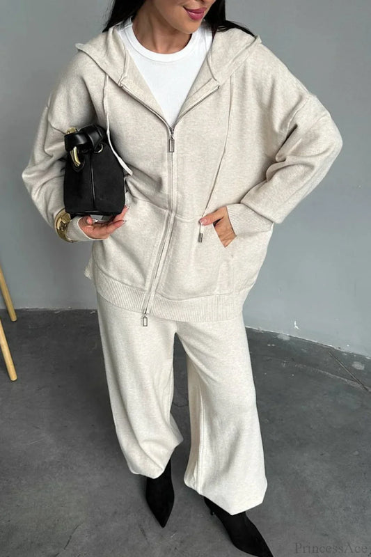 Solid Knit hooded Straight-Leg Two Piece Set