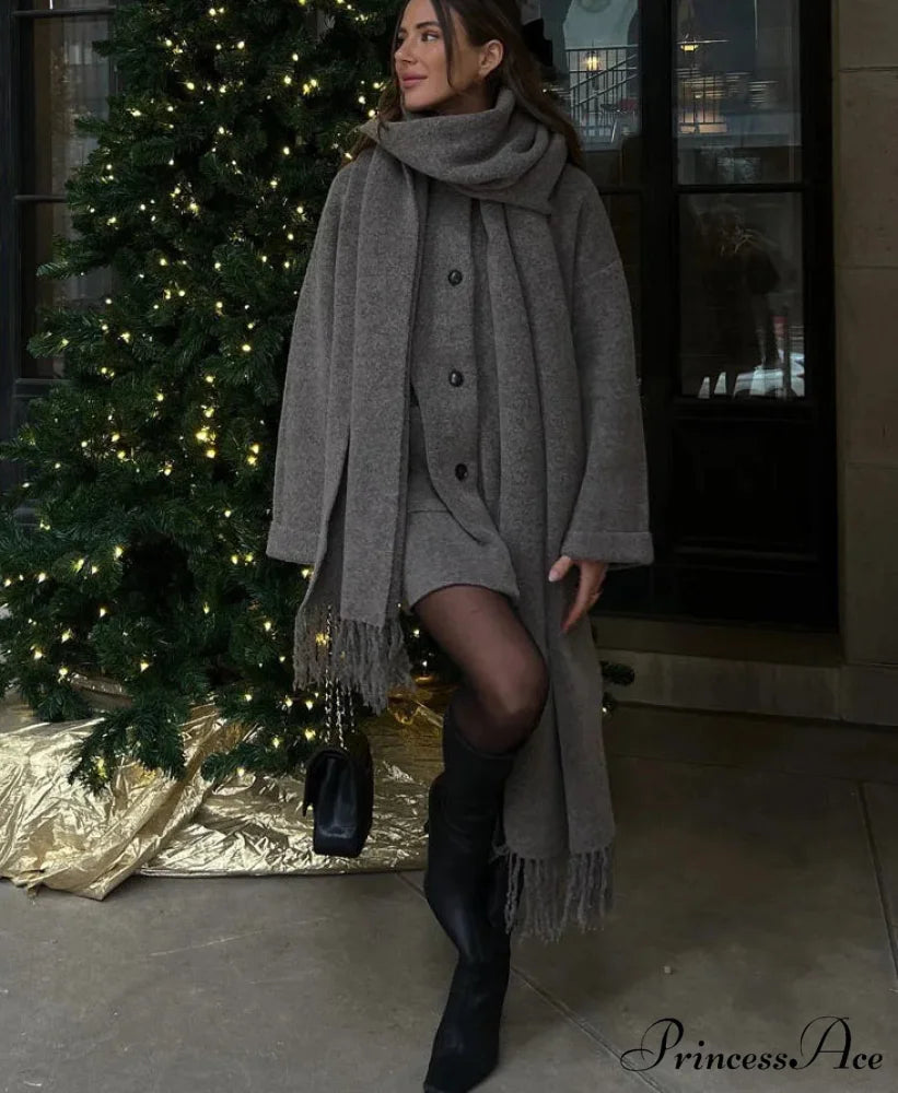 Solid Knitted Single Breasted Coat Grey / S