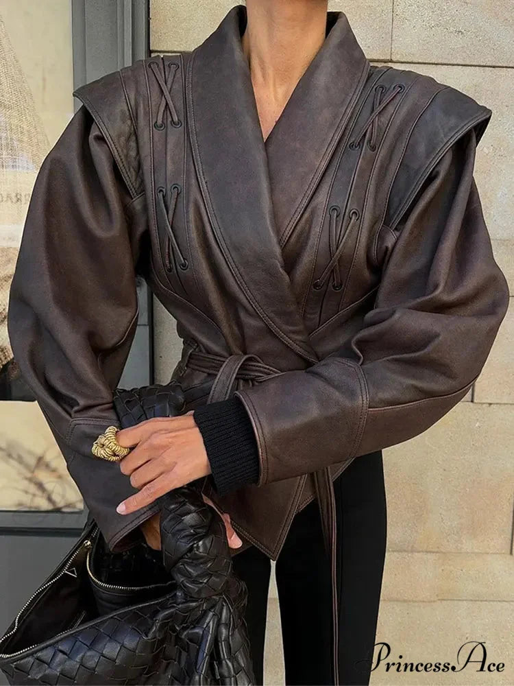 Solid Lapel Leather Cropped Coat Style C / S