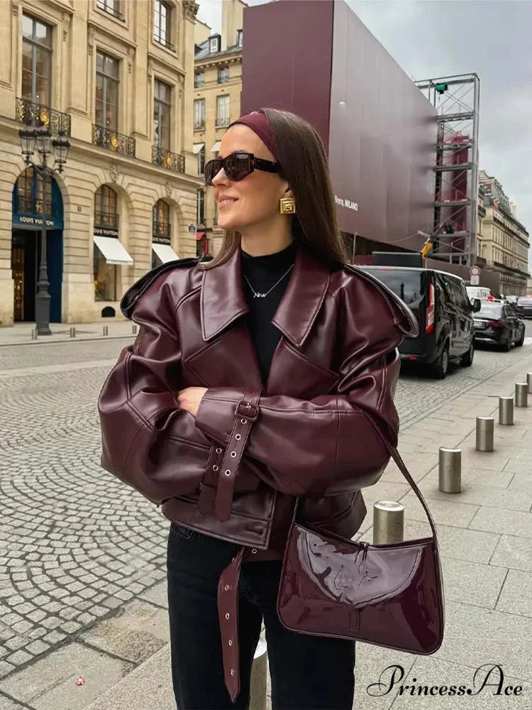 Solid Lapel Leather Cropped Coat Style D / S