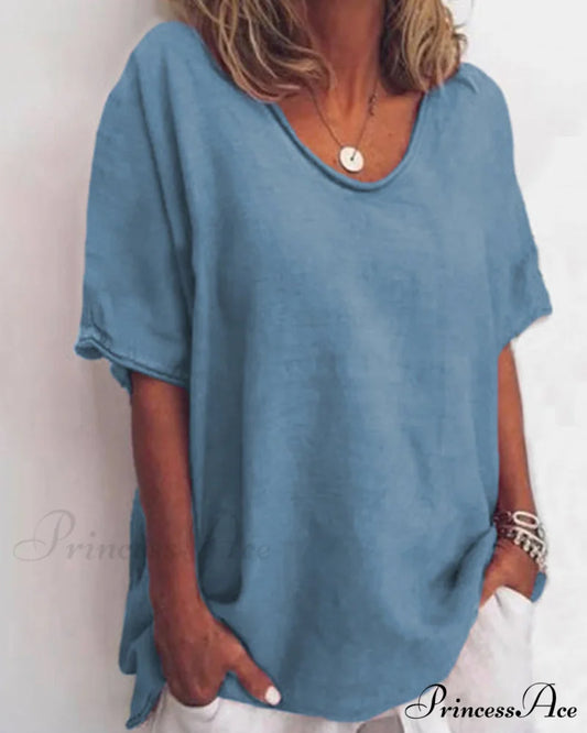 Solid Loose T-Shirt in Neck Round Color Blue / S