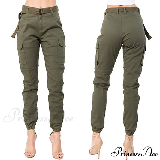 Solid Pants With Belt Wide Pants Pantalones Army Green / S
