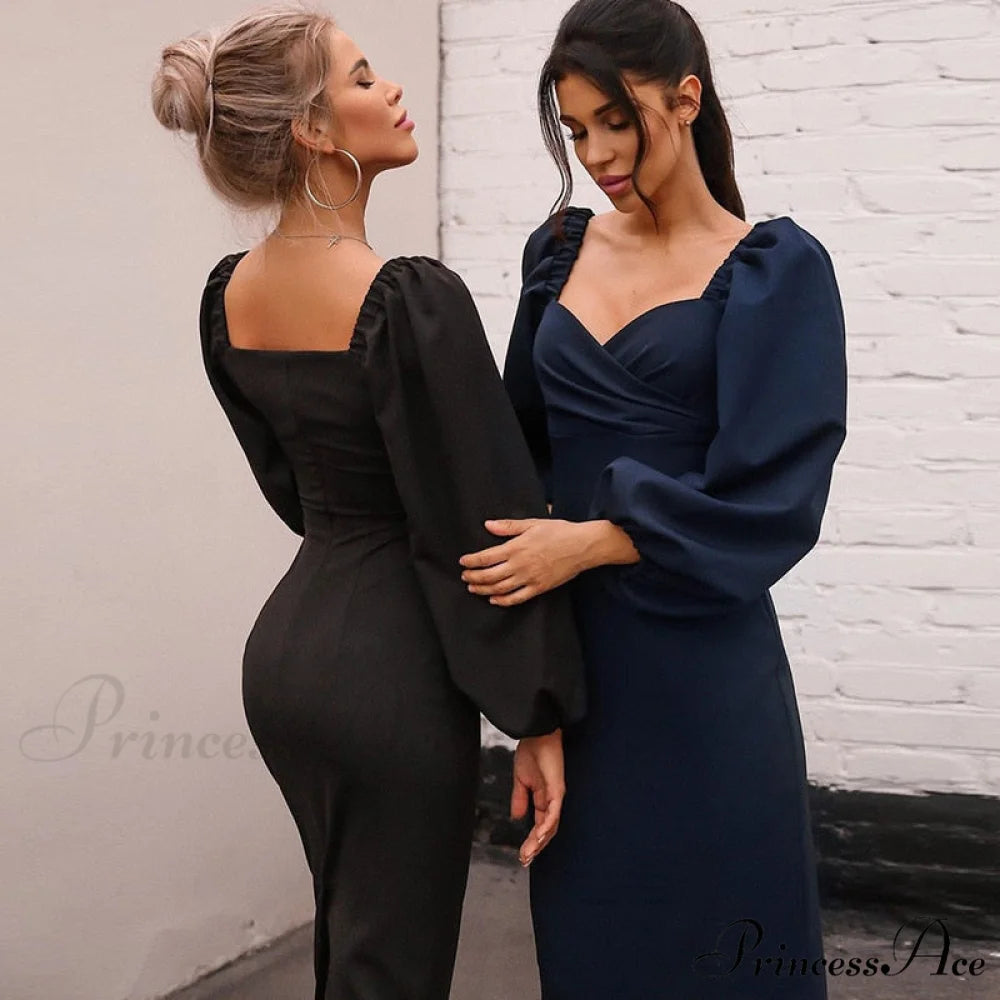Solid Puff Sleeve Sexy Mid-Calf Dresses