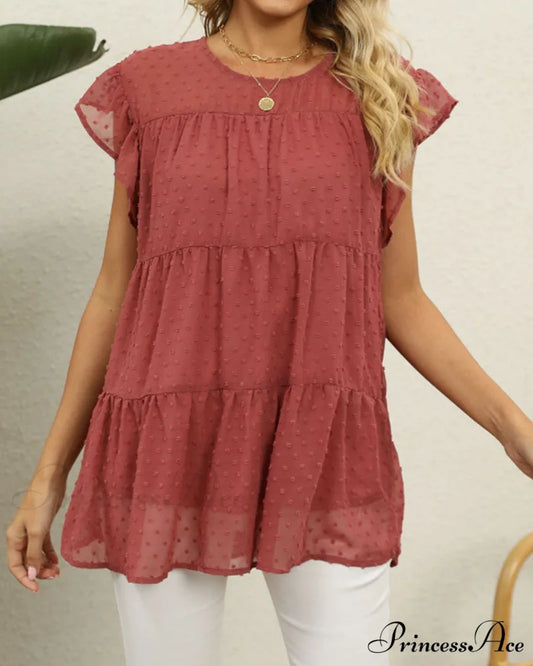 Solid Ruffle Color Arm Blouse Red / S