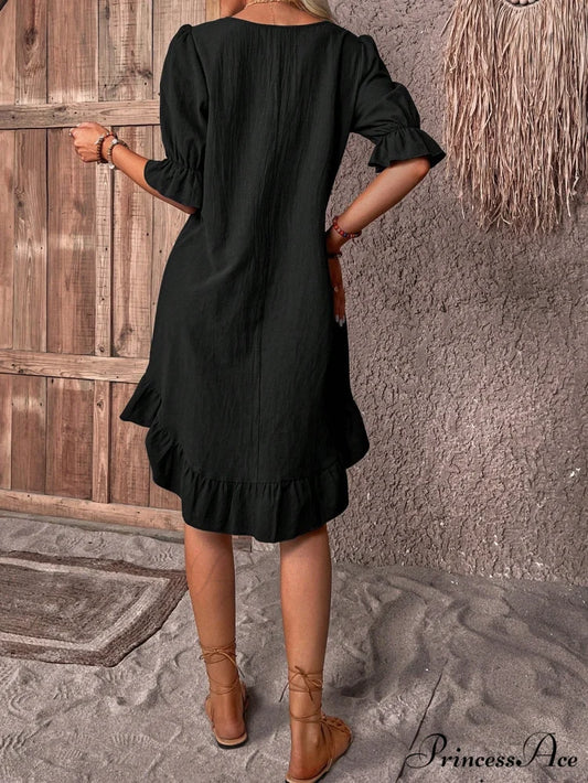 Solid Ruffle Hem Smock Dress