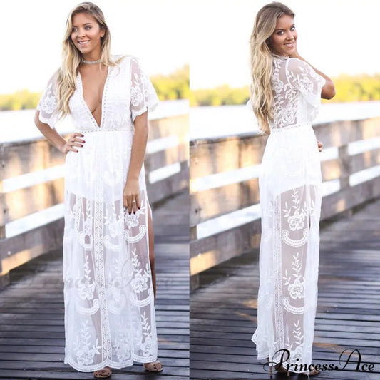 Solid Short Sleeve Beach Sexy Loose Bohemian Maxi Dress White / One Size