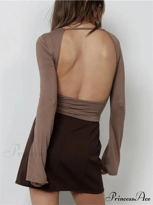 Solid Slim Fit Basic Backless Flare Sleeve T-Shirts BROWN / S