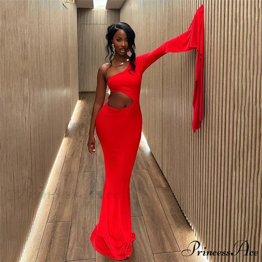 Solid Trend Incline Shoulder Hollow High Street Maxi Dress Sexy Elegant Christmas Party Dress