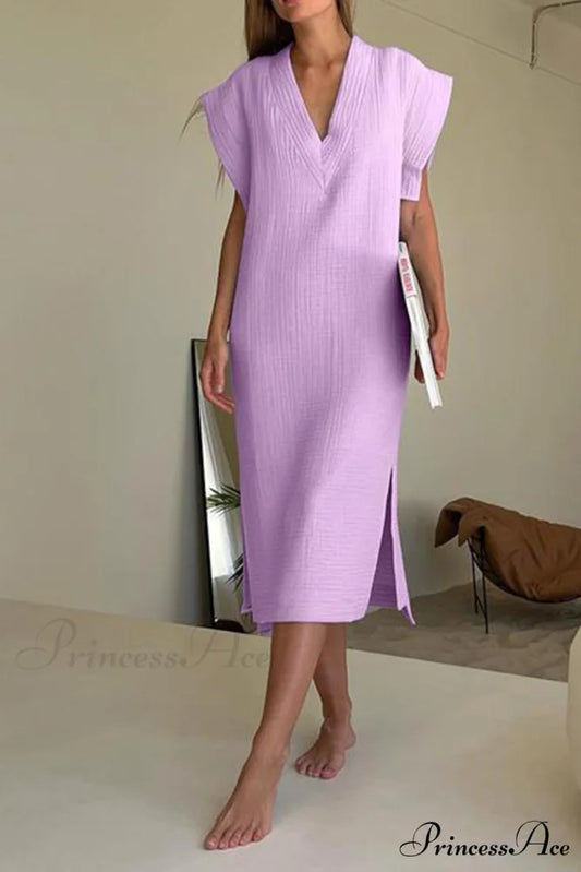 Solid V Neck Cotton Dress with Side Slit Purple / M