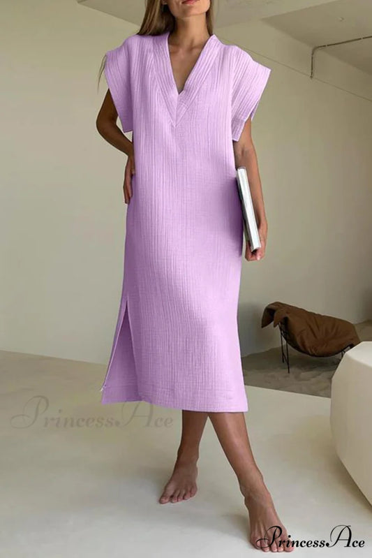 Solid V Neck Cotton Dress with Side Slit Purple / S
