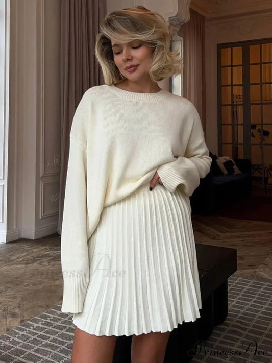 Sophisticated Antique 2-Piece Skirt Jumper White / One Size swraters-241228