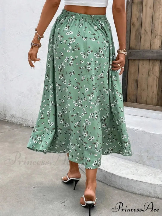 Sophisticated Broken Blossom Midi Skirt Cinch Cord Informal Style skirt-250126