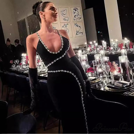 Sophisticated Extended Sparkling Mesh Halter Prom Gown black / XS promdress-250223