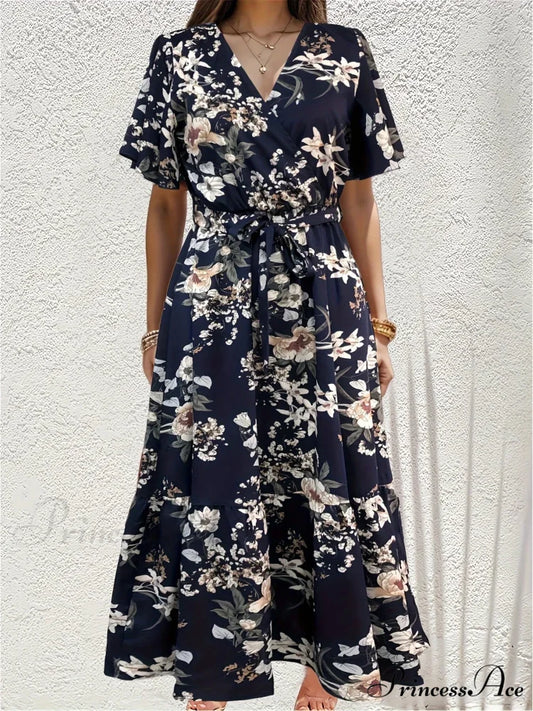 Sophisticated Flower A-line Dress Navy / S oldfloraldress-250126