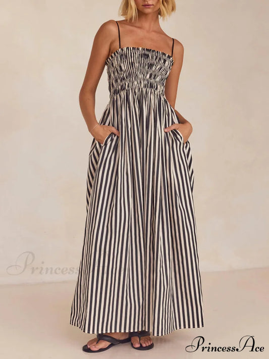 Sophistication Unique Stripe Charming Pleated Maxi Dress Black / S