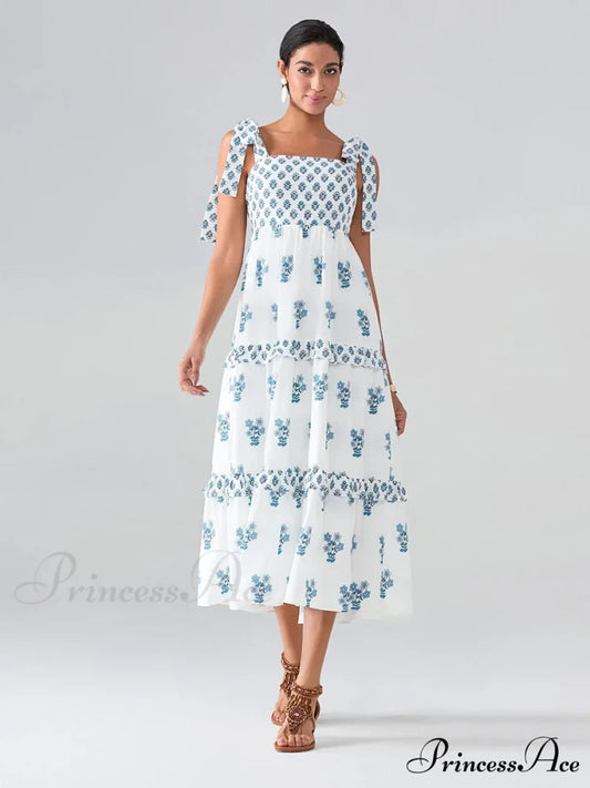 Spacious Bands Flowy Flowered Bohemian Seaside Frill Trim Square Neck A-Line Dress Blue / S floraldress-250126