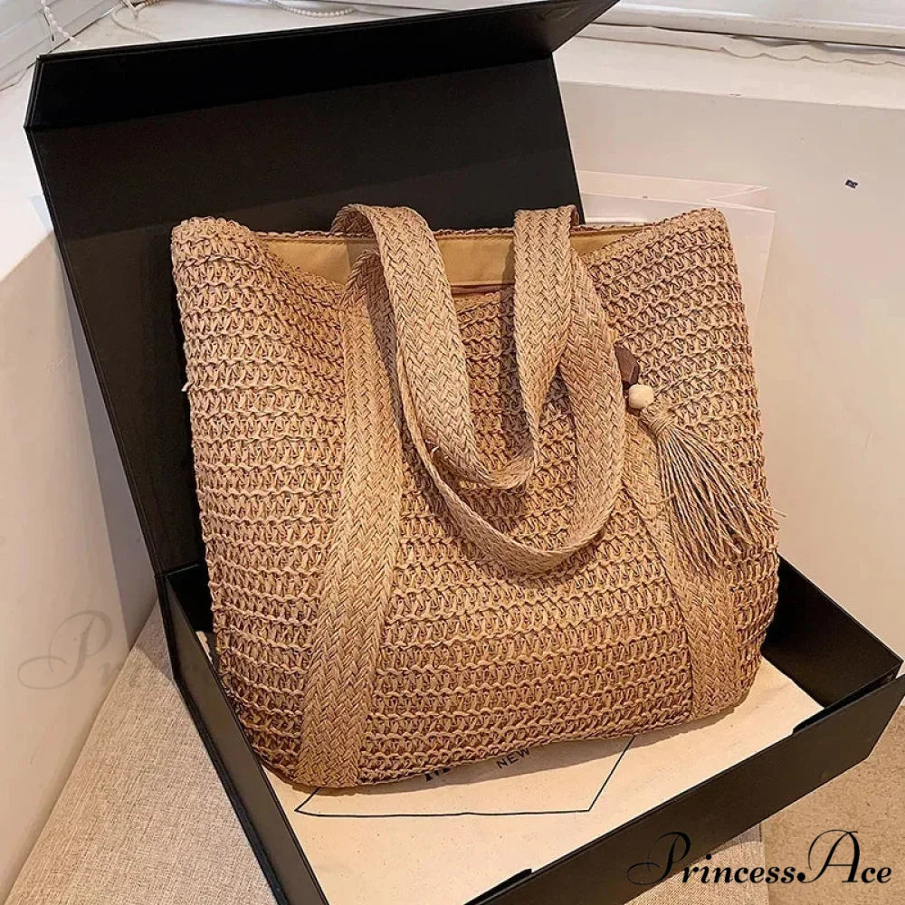 Spacious Capacity Fringe Straw Shoulder Bag Brown1 shoulder-250126