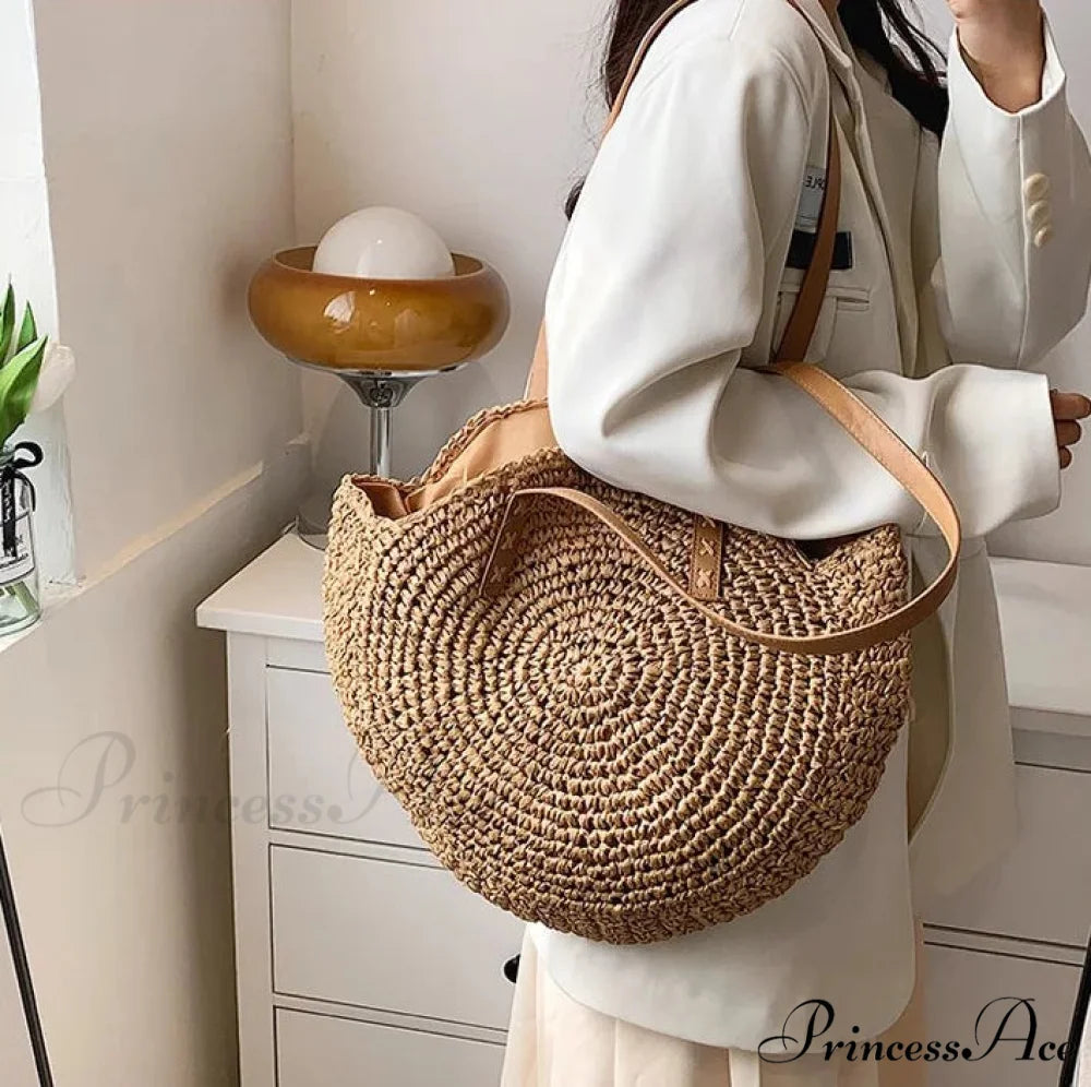 Spacious Capacity Fringe Straw Shoulder Bag Brown3 shoulder-250126