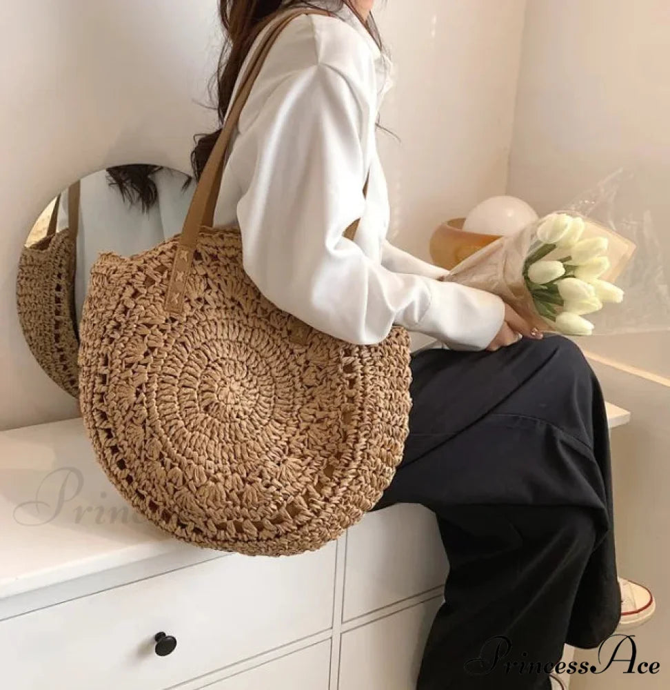 Spacious Capacity Fringe Straw Shoulder Bag HollowBrown2 shoulder-250126