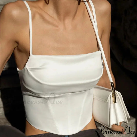 Spaghetti Strap Backless Bandage Skinny Crops 2024 Summer Elegant Lace Up Party Streetwear Women Camis Tank top WHITE