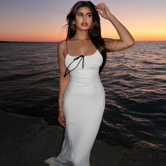 Spaghetti Strap Detail Long Sleeveless Club Party Midi Dress WHITE / S