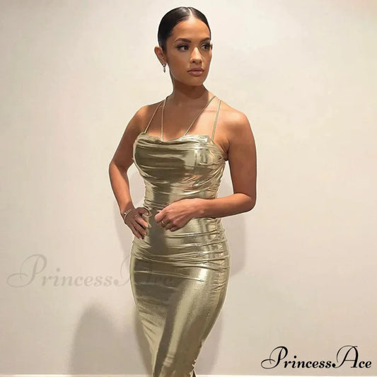 Spaghetti Strap Gold Midi Fashion Wrap Chest Slim Backless 2024 Summer Party Club Bodycon Dress