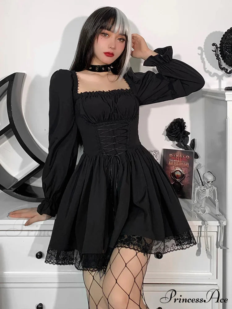 Spaghetti Strap Lace Satin Slip Sexy Party Mini Harajuku Vintage Square Collar Puff Sleeve Dress