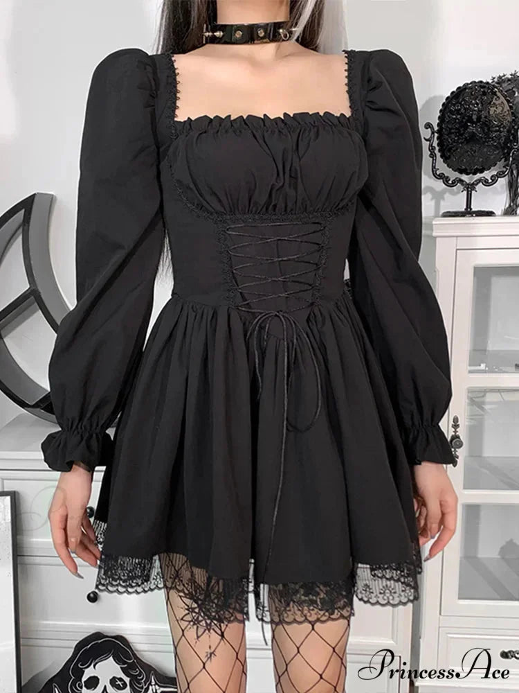 Spaghetti Strap Lace Satin Slip Sexy Party Mini Harajuku Vintage Square Collar Puff Sleeve Dress Black / S