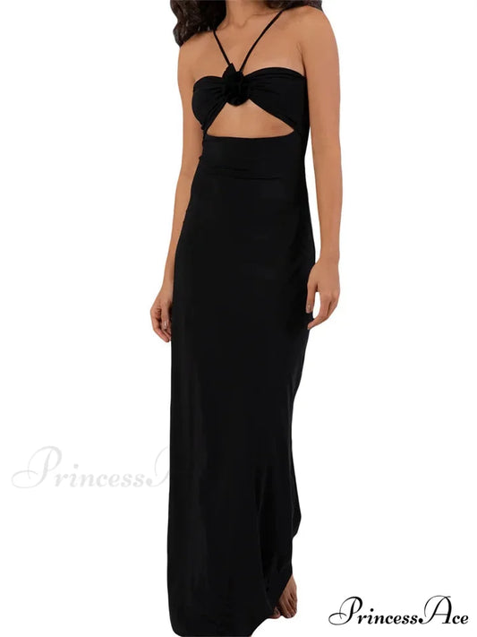 Spaghetti Strap Sling for Women 3D Flower Hollow Out Summer Party Cocktail Female Vestidos Clubwear Black / S