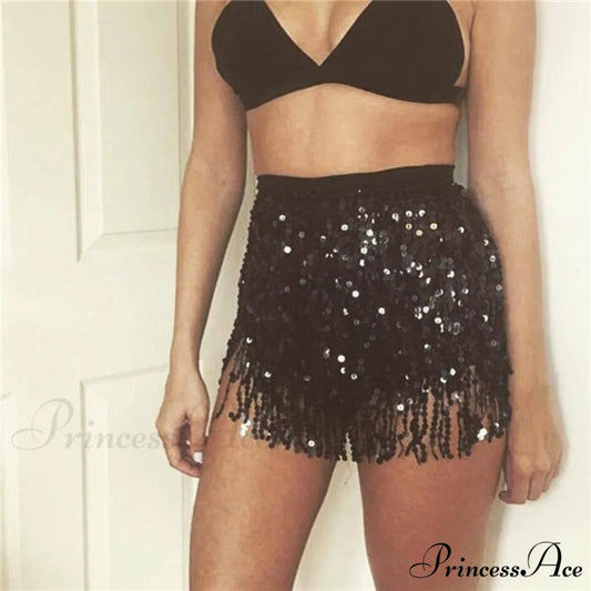 Sparkle Sequined Tassel Lace Up Shiny Skirt Black / One Size