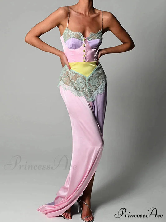 Sparkling Band Lace Mini Dress Pink Long Dress / S minidress-250223